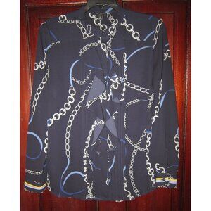 Ann Taylor Sz M Petite Button Down Shirt Blouse Top Ruffle Chain Link Print Navy